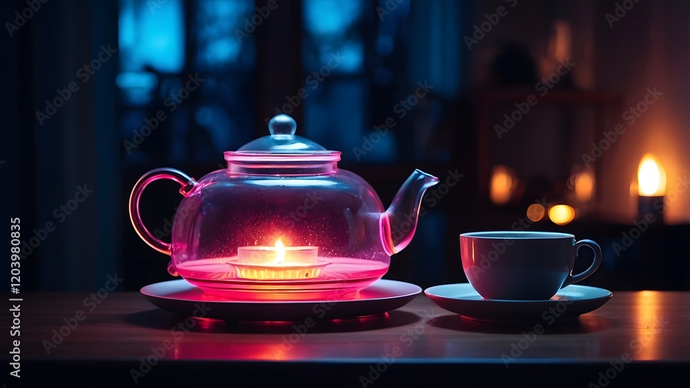 Soft Light Illuminates a Teapot and Cup Beside a Glowing Candle at Dusk in a Cozy Room Soft Light Illuminates a Teapot and Cup Beside a Glowing Candle at Dusk in a Cozy Room