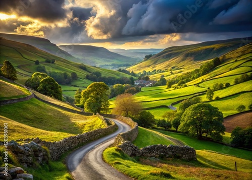 Scenic Road Winding Through Oxnop Ghyll, Yorkshire Dales National Park, England photo