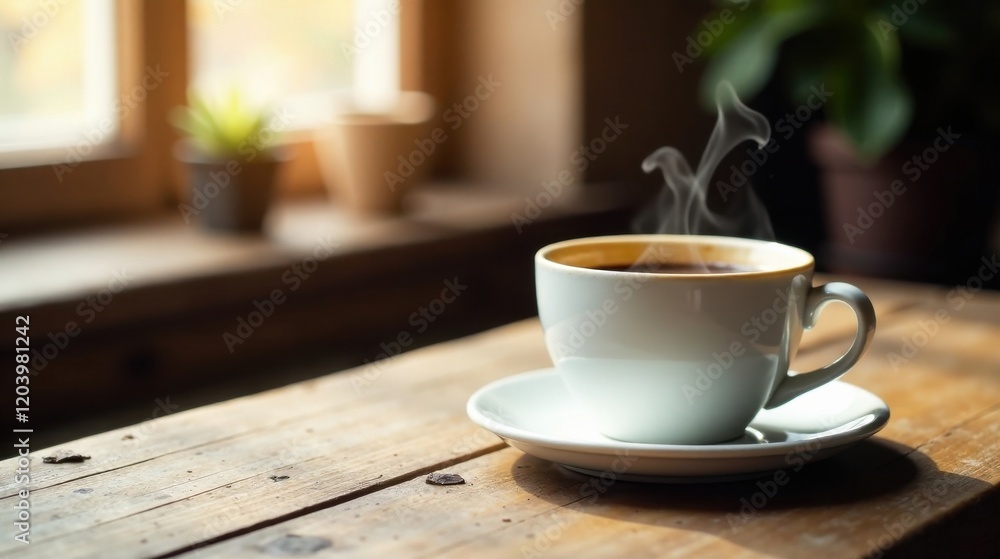 Warm morning beverage on rustic wooden surface near sunlit window Warm morning beverage on rustic wooden surface near sunlit window