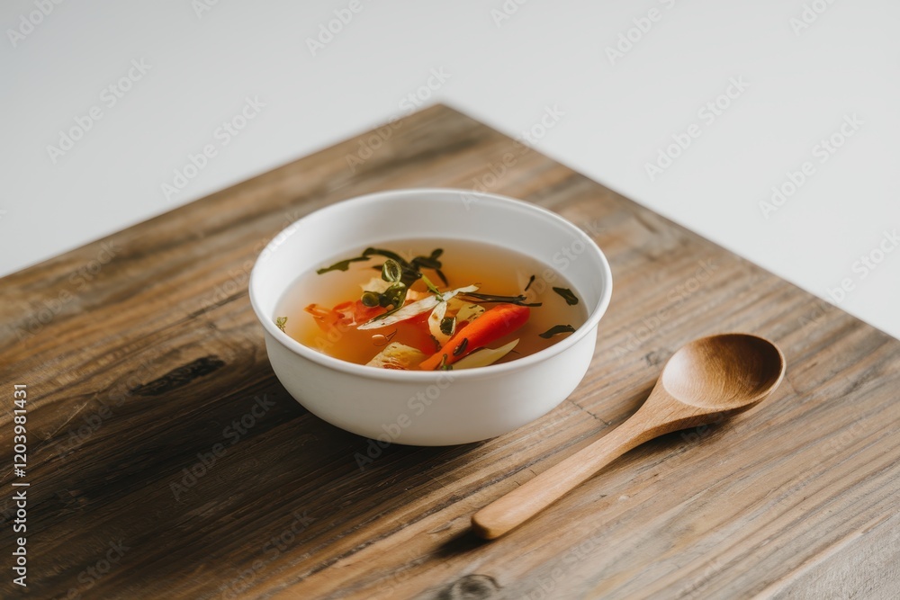 A bowl of vegetable soup sits on a wooden surface A bowl of vegetable soup sits on a wooden surface