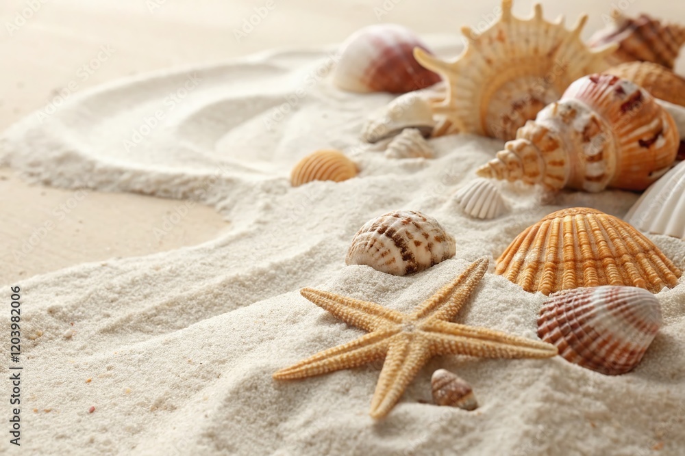 Seashells and Sand: Coastal Summer Relaxation Stock Photo Seashells and Sand: Coastal Summer Relaxation Stock Photo