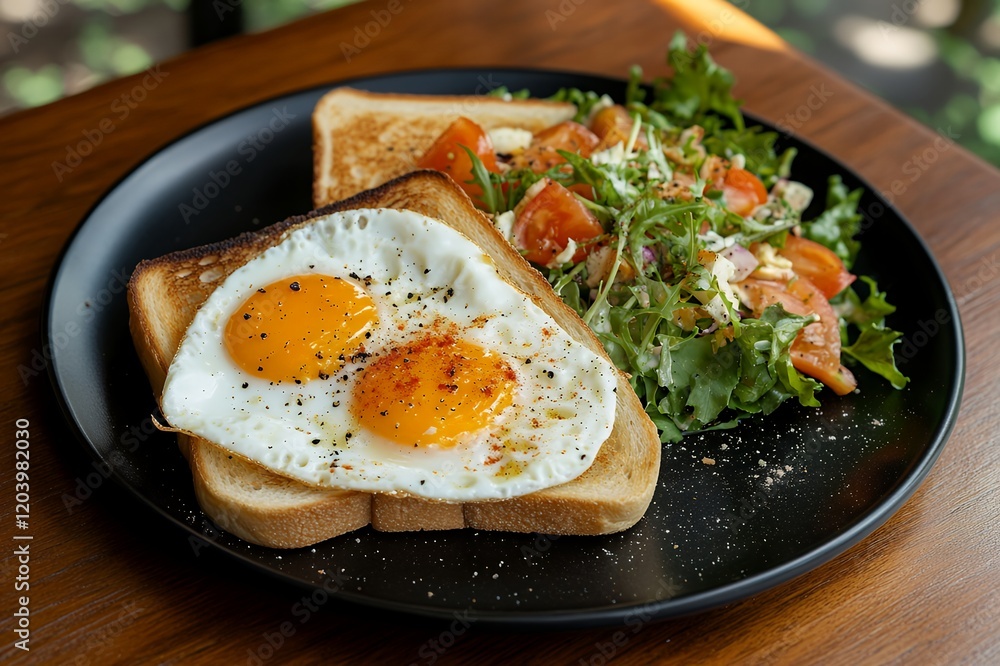 Delicious Sunny Side Up Eggs on Toast with Fresh Tomato Salad Delicious Sunny Side Up Eggs on Toast with Fresh Tomato Salad