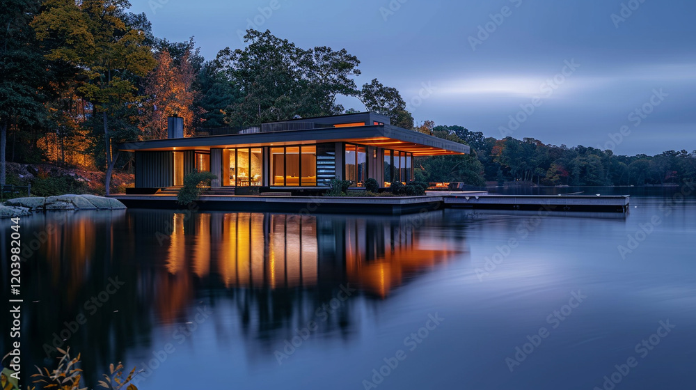 Obraz premium Modern Lake House with Expansive Windows