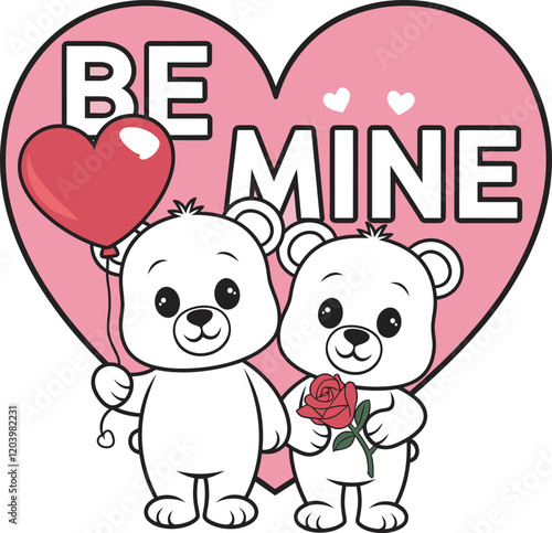 A Valentine's Day theme coloring vector of adults featuring two bears, Valentine’s graphic design for boyfriend or girlfriend, Be Mine Vector Card, happy valentines day