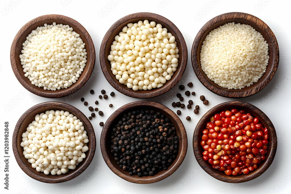 Couscous, pepper, spices, bowls, white, food, overhead, studio, cooking Couscous, pepper, spices, bowls, white, food, overhead, studio, cooking