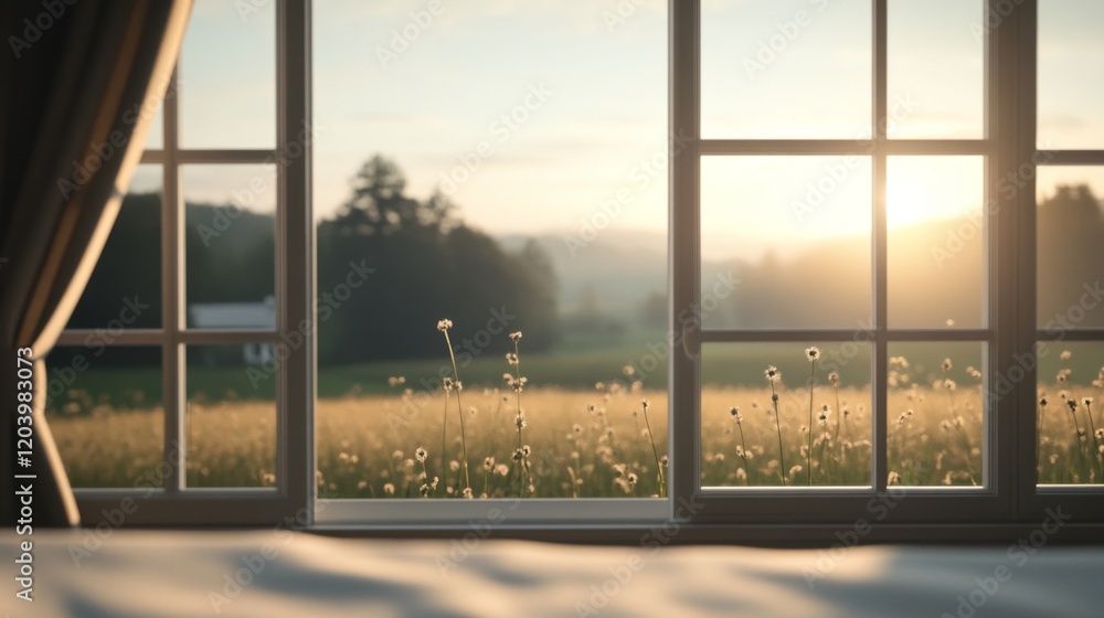 Fototapeta premium Sunrise view through window; serene landscape with wildflowers, hills, and sunlight.