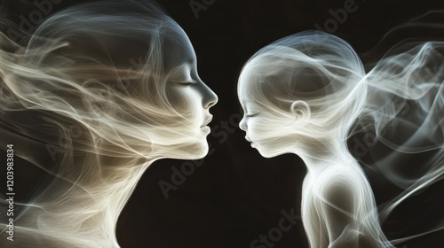 Smoky mother child faces, dark background, ethereal bond, art