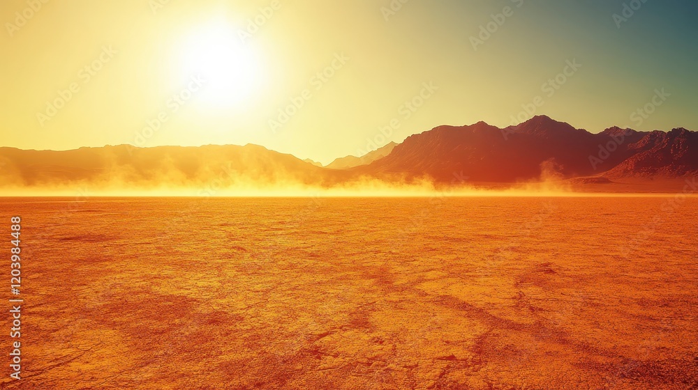 Fototapeta premium Dramatic Desert Landscape at Sunset with Mountains and Dust Haze