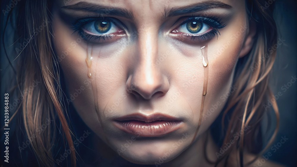 A close-up portrait of a woman with tears streaming down her face, conveying a sense of profound sadness.Tears trace paths down the woman's face, emphasizing the depth of her emotional state.
A close-up portrait of a woman with tears streaming down her face, conveying a sense of profound sadness.Tears trace paths down the woman's face, emphasizing the depth of her emotional state.