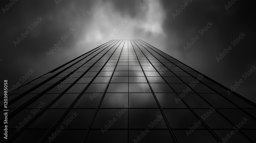 Fototapeta premium Tall mirrored skyscraper reaching towards stormy skies in an urban setting