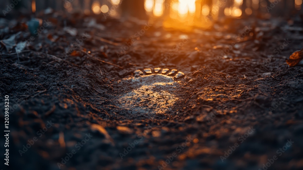 Golden Hour Footprints in Mud Nature Trail Hiking Boot Print Sunset Golden Hour Footprints in Mud Nature Trail Hiking Boot Print Sunset