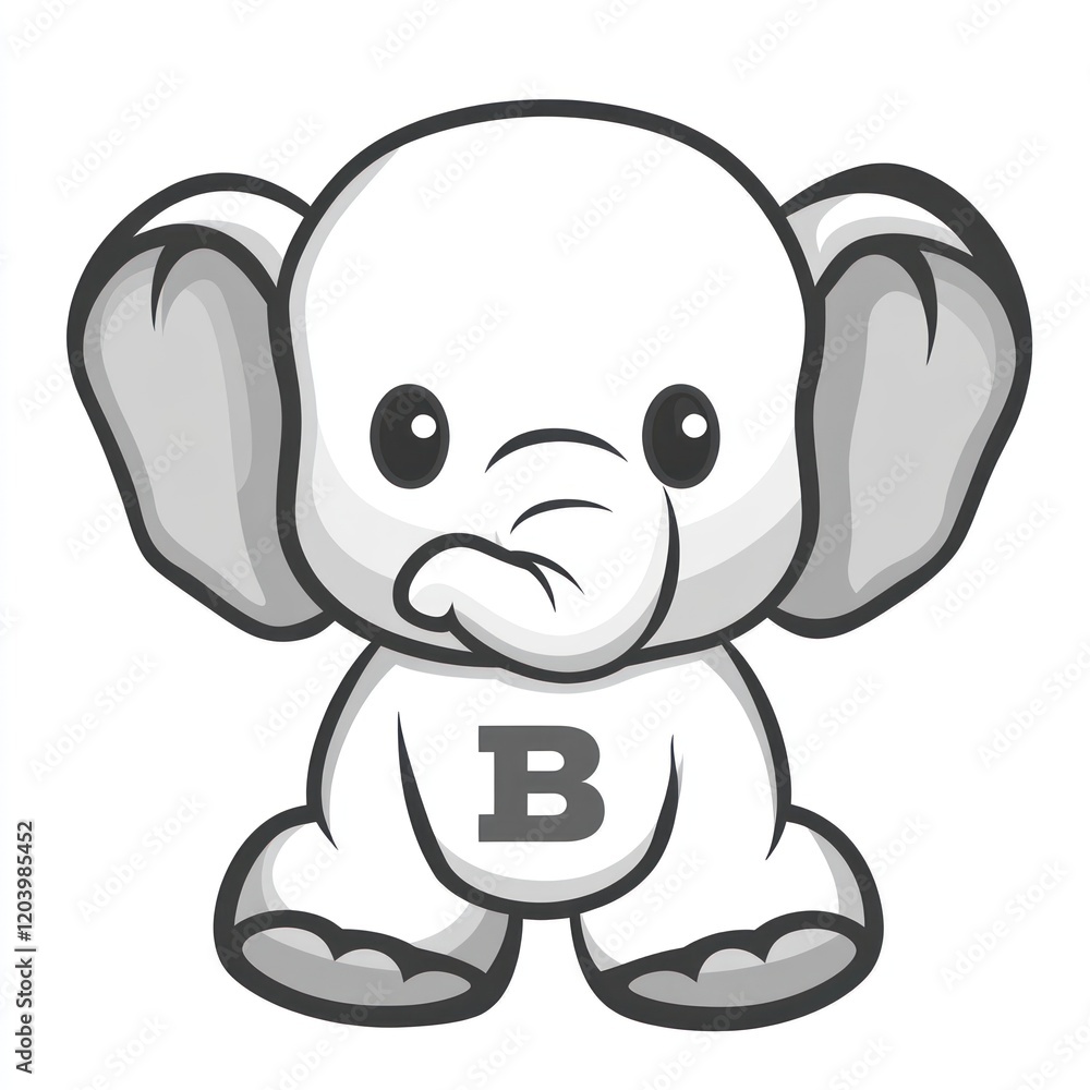 Fototapeta premium Cute cartoon elephant, stylized, letter B, whimsical, children's