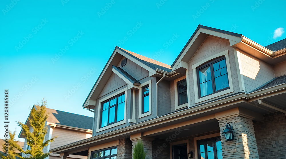 Luxury House Exterior: Modern Home Design and Architecture. Stunning Facade, Brick and Stone Details. Dream Home in a Beautiful Suburb. Luxury House Exterior: Modern Home Design and Architecture. Stunning Facade, Brick and Stone Details. Dream Home in a Beautiful Suburb.