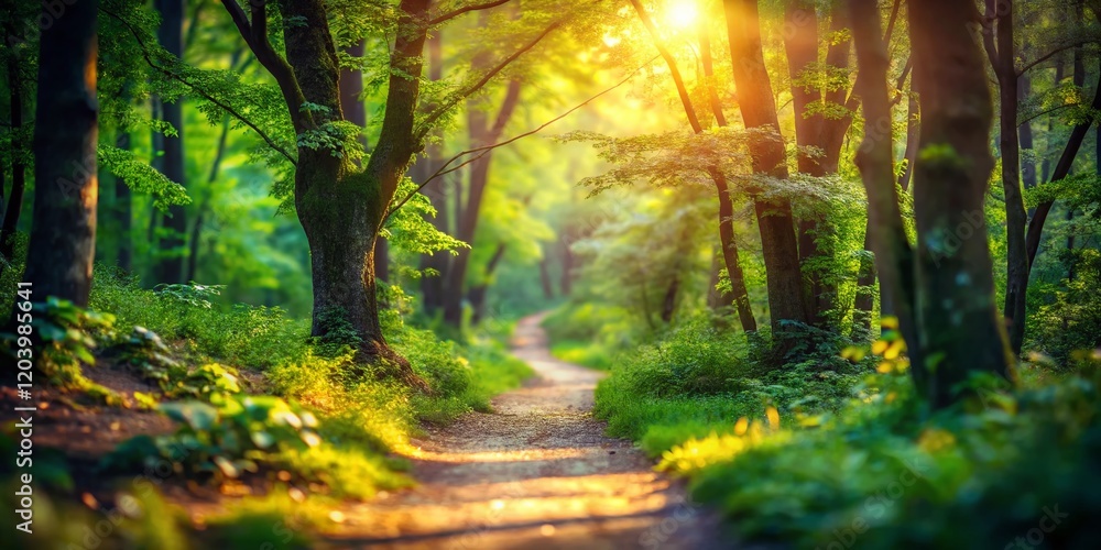 Fototapeta premium Serene Forest Path: Lush Greenery & Nature Exploration - Tilt-Shift Photography