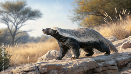 A honey badger surveys its surroundings, alert and poised on a rocky outcrop.Sunlight highlights the honey badger's powerful form as it stands vigilant on the rocky terrain.