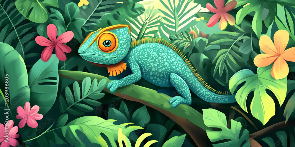 Obraz premium Vibrant illustration of a turquoise chameleon perched on a branch amidst lush tropical foliage and colorful flowers.