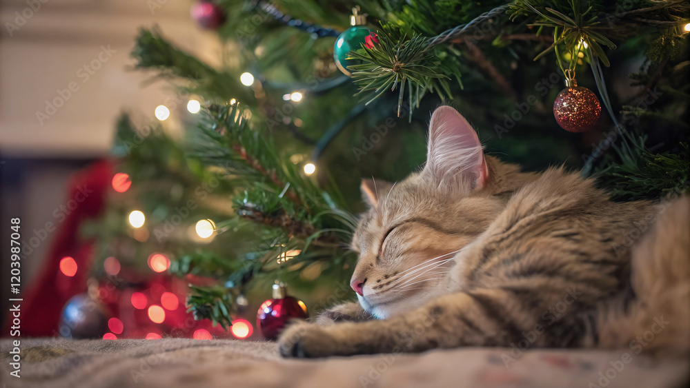 Obraz premium A tabby cat rests peacefully beneath a twinkling Christmas tree, bathed in warm holiday light.Festive cheer fills the room as a cat naps serenely near the decorated Christmas tree. 