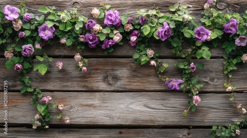 Purple Roses Climbing on an Old Wooden Wall Creating a Romantic and Rustic Feel