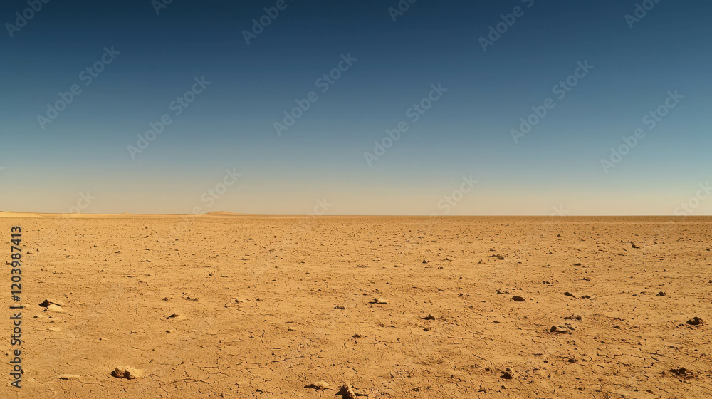 Expansive Barren Plain Under Clear Sky in Arid Environment with Occasional Dried Earth Patches Expansive Barren Plain Under Clear Sky in Arid Environment with Occasional Dried Earth Patches