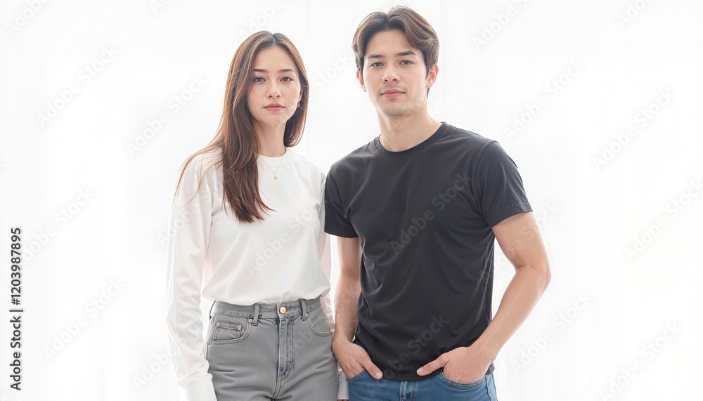 Valentine Vibes: Matching Outfits for Couples concept. Young Couple Posing in Bright Room with Natural Light and Fashionable Attire Valentine Vibes: Matching Outfits for Couples concept. Young Couple Posing in Bright Room with Natural Light and Fashionable Attire