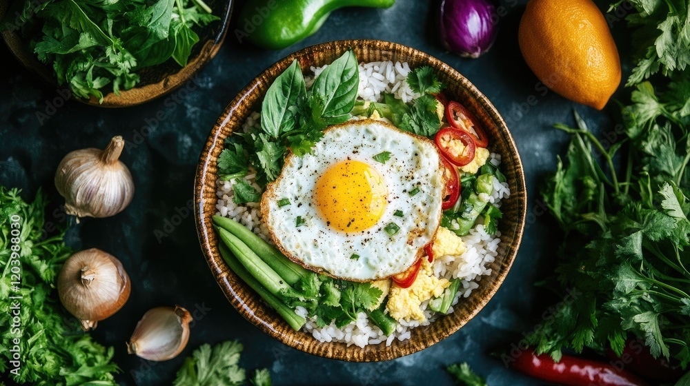 An appetizing shot of Thai basil fried rice with egg, served in a traditional Thai bowl, surrounded by fresh herbs and colorful vegetables, celebrating the flavors of Thai cuisine. An appetizing shot of Thai basil fried rice with egg, served in a traditional Thai bowl, surrounded by fresh herbs and colorful vegetables, celebrating the flavors of Thai cuisine.