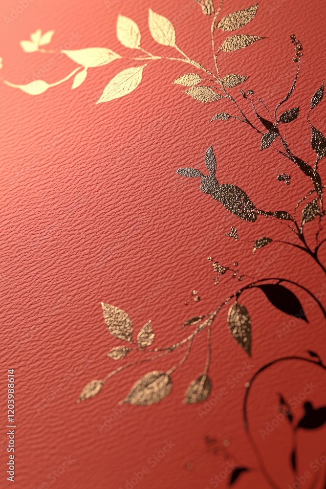 Naklejka premium Minimalist Chinese New Year Design Featuring Elegant Golden Leaves and Floral Elements Against a Vibrant Coral Background for Celebratory Occasions