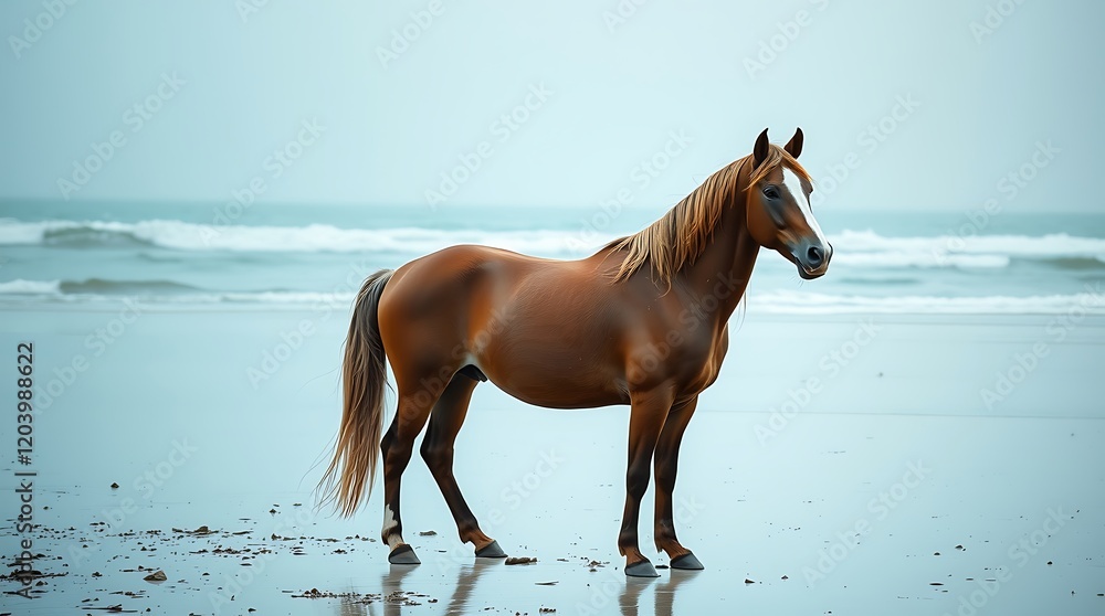 Chestnut horse standing on a beach. Chestnut horse standing on a beach.