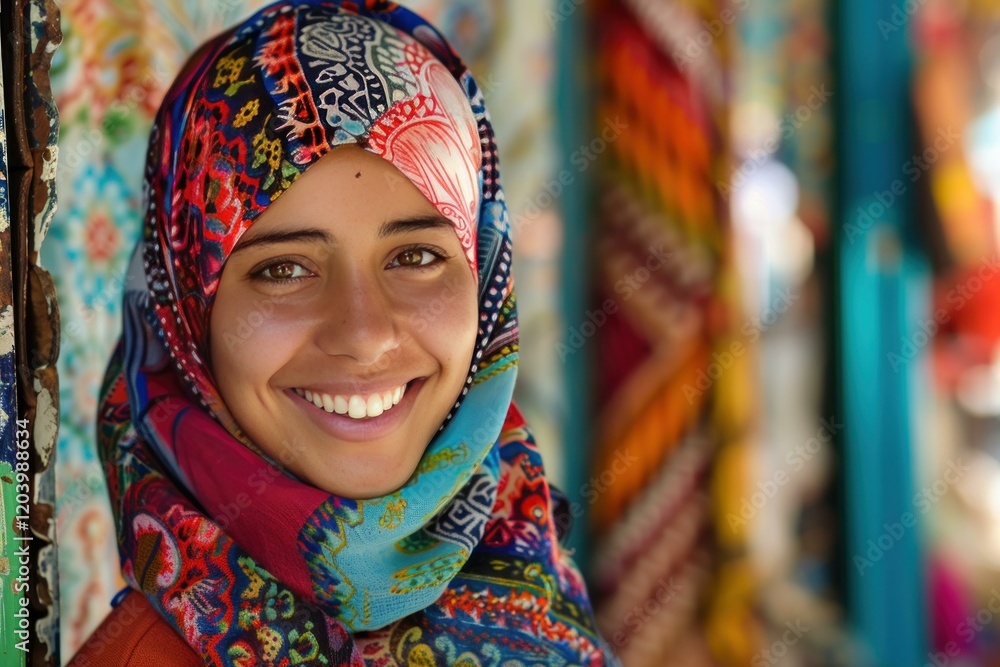 Portrait of a cheerful young woman wearing a vibrant hijab, representing cultural diversity and female empowerment Portrait of a cheerful young woman wearing a vibrant hijab, representing cultural diversity and female empowerment