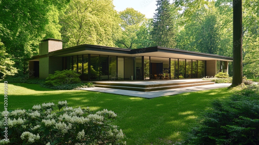 An exterior view of a minimalist house surrounded by lush greenery, featuring clean lines, a flat roof, and a large patio area that blends harmoniously with the natural environment. An exterior view of a minimalist house surrounded by lush greenery, featuring clean lines, a flat roof, and a large patio area that blends harmoniously with the natural environment.