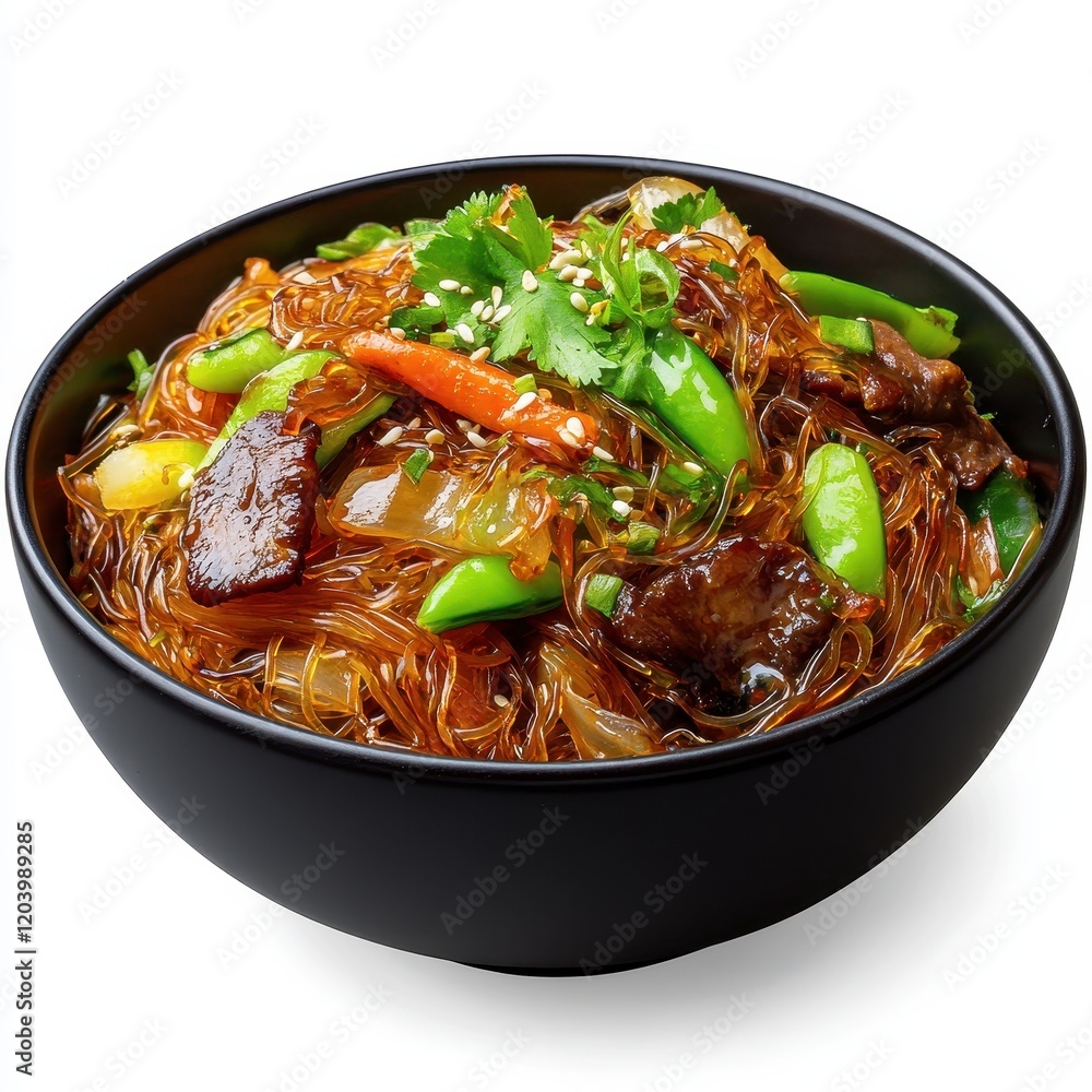 A bowl of stirfried glass noodles with vegetables, isolated on white A bowl of stirfried glass noodles with vegetables, isolated on white