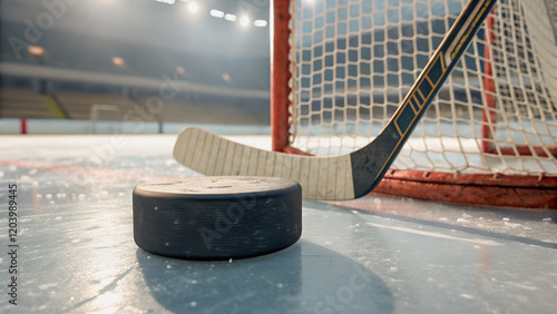 Ice, net, and stick, a classic hockey scene.A moment frozen in time, the hockey puck poised on the ice.The crisp air of the arena, the glint of ice, and the anticipation of a shot.
