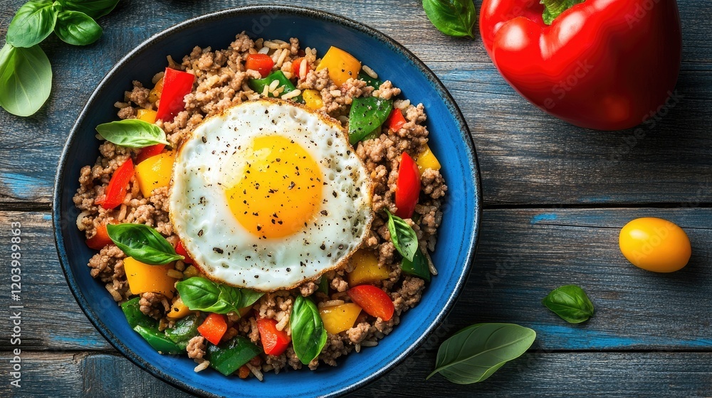 An overhead shot of a vibrant bowl of Thai basil fried rice with ground meat, colorful bell peppers, and a sunny-side-up egg, set against a rustic wooden table for an inviting dining experience. An overhead shot of a vibrant bowl of Thai basil fried rice with ground meat, colorful bell peppers, and a sunny-side-up egg, set against a rustic wooden table for an inviting dining experience.
