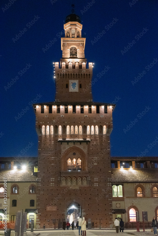 Fototapeta premium Night view of Castello Sforzesco (Sforza's Castle) a medieval fortification located in Milan, northern Italy. Details. It was built in the 15th century by Francesco Sforza, Duke of Milan 