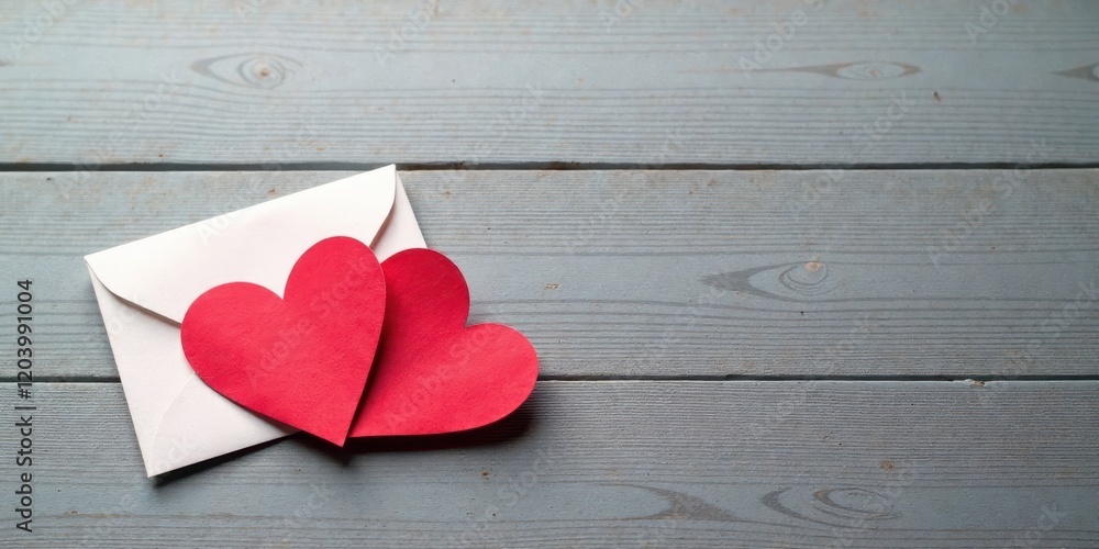 A romantic message awaits two red hearts rest gently on a white envelope atop a rustic wooden surface. A romantic message awaits two red hearts rest gently on a white envelope atop a rustic wooden surface.