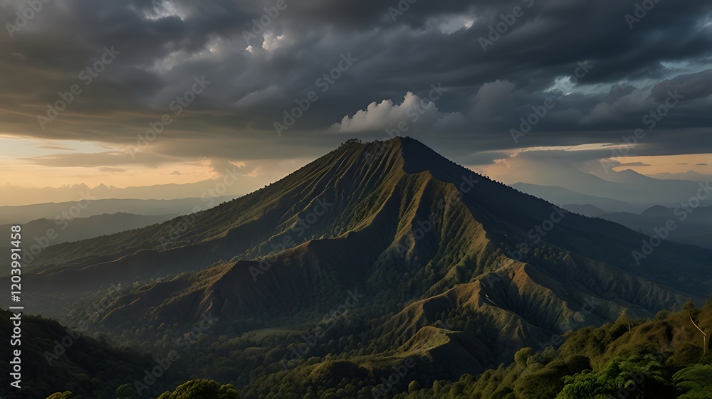 A majestic mountain landscape under dramatic clouds during sunset.