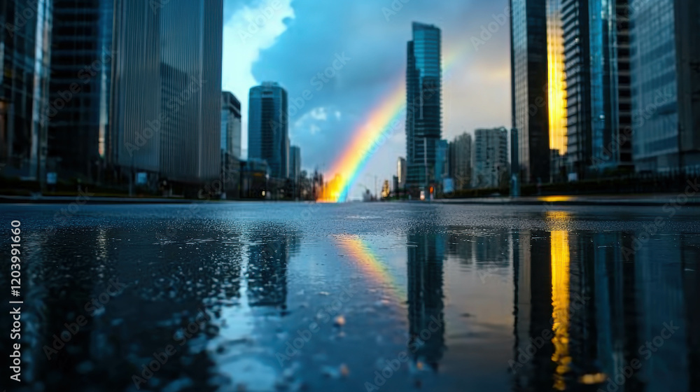 Breathtaking City Skyline with Rainbow Over Reflections on Wet Pavement at Dusk Breathtaking City Skyline with Rainbow Over Reflections on Wet Pavement at Dusk