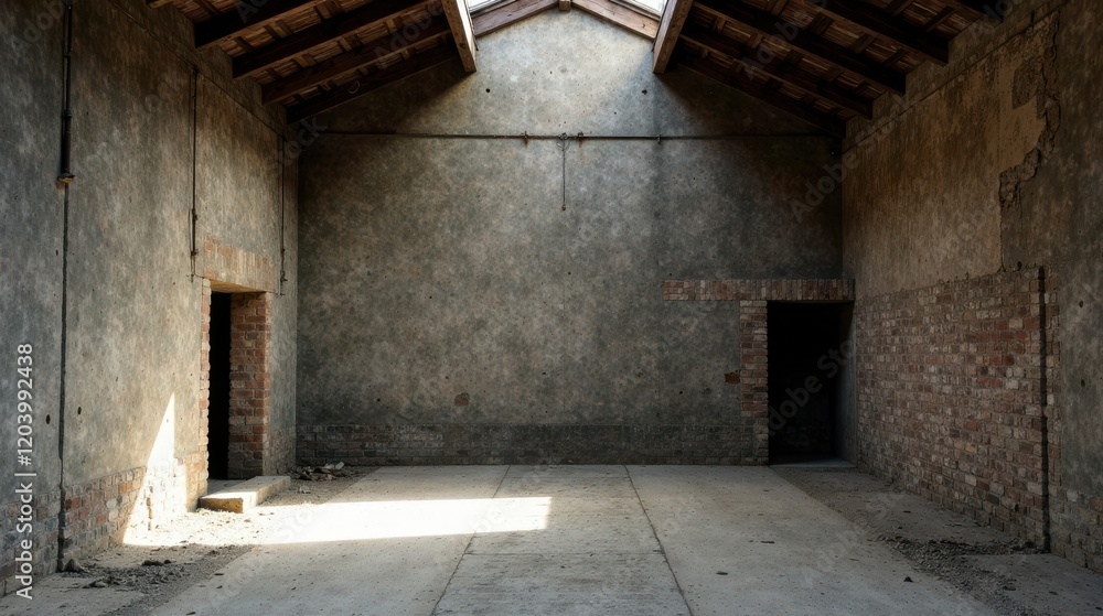 Obraz premium Sunlit Interior of a Derelict Building with Exposed Brick and Concrete Walls