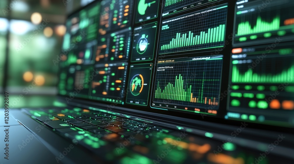 Close-up view of a laptop displaying vibrant data analytics and graphs in a modern workspace Close-up view of a laptop displaying vibrant data analytics and graphs in a modern workspace