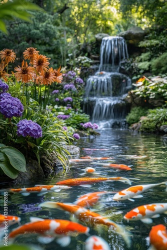 Tranquil koi pond surrounded by lush greenery, vibrant flowers, and a cascading waterfall. photo