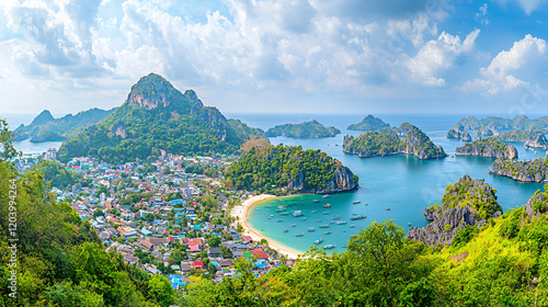 Tropical Island Town Bay Aerial View photo