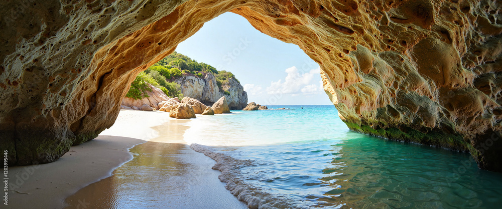 Fototapeta premium Scenic view of turquoise water framed by beach cave, tropical paradise
