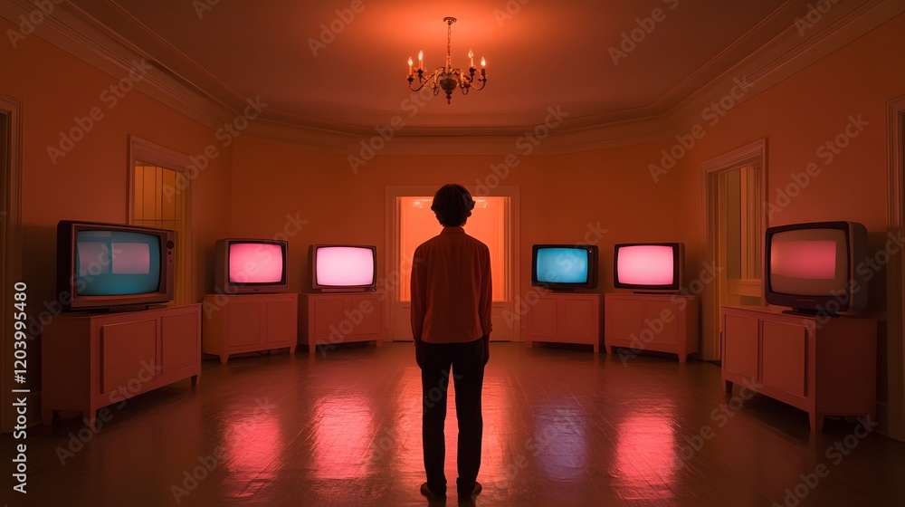 Obraz premium Solitary Figure Amid Glowing Vintage Televisions in Surreal Interior