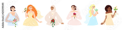 Set of beautiful brides in fashionable wedding dresses with bouquet of flowers in flat style