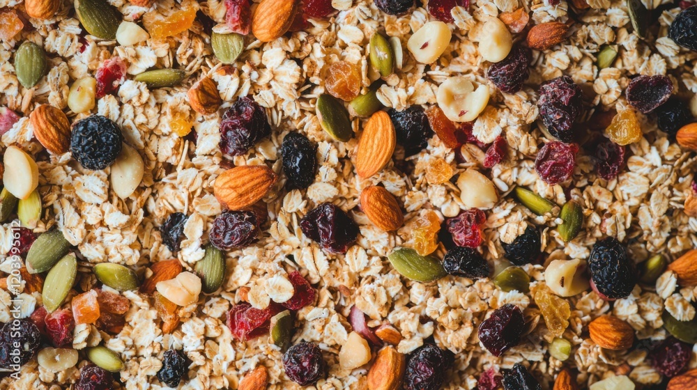 Fototapeta premium Paleo style breakfast: gluten free and oat free muesli made with nuts, dried berries and fruits, top view, selective focus