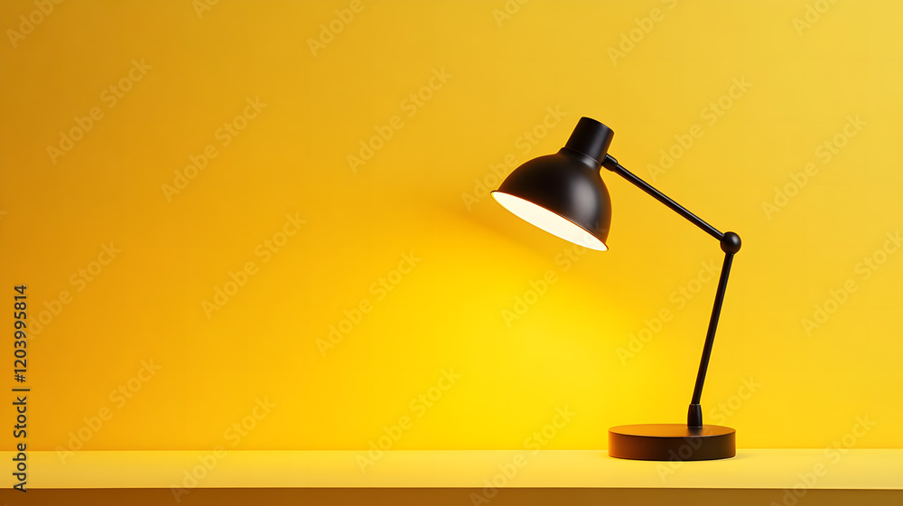Modern black desk lamp casting shadows on a vibrant yellow wall. Modern black desk lamp casting shadows on a vibrant yellow wall.