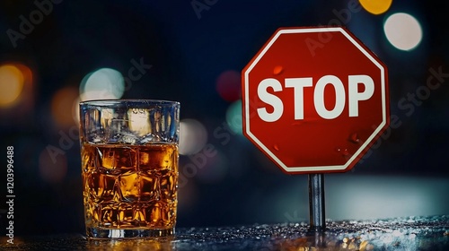 Glass of alcohol beside a stop sign, symbolizing the decision to stop drinking. photo