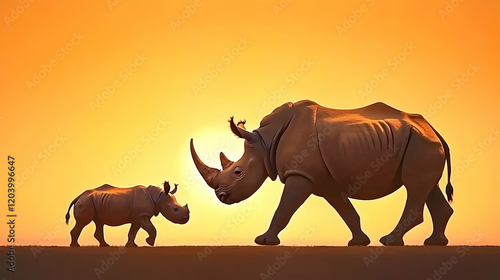 Fototapeta premium Adult and baby rhino at sunset in African savanna; wildlife conservation