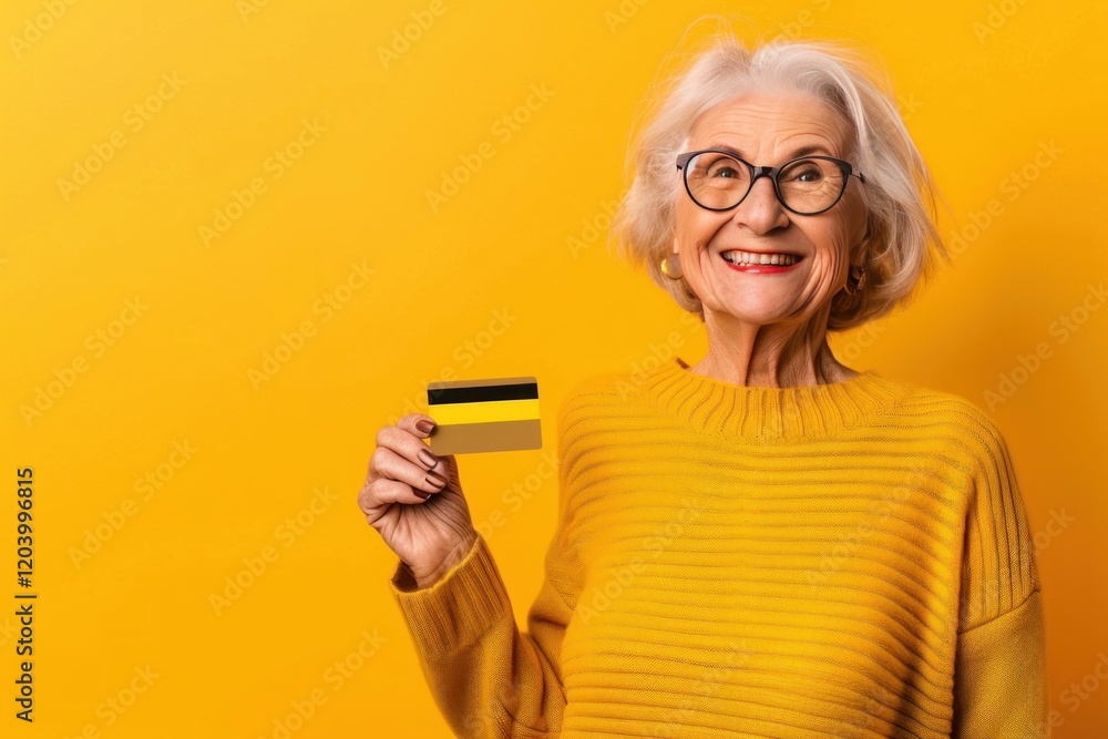 Happy elderly woman holding a credit card, enjoying cashless payment and financial independence Happy elderly woman holding a credit card, enjoying cashless payment and financial independence