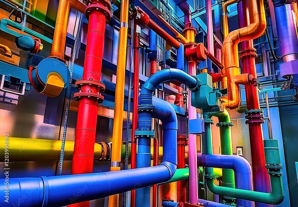 Colorful and intricate pipes, wires, and machinery in an industrial setting, showcasing the complexity of technology and engineering
