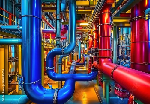 Wallpaper Mural Colorful and intricate pipes, wires, and machinery in an industrial setting, showcasing the complexity of technology and engineering Torontodigital.ca